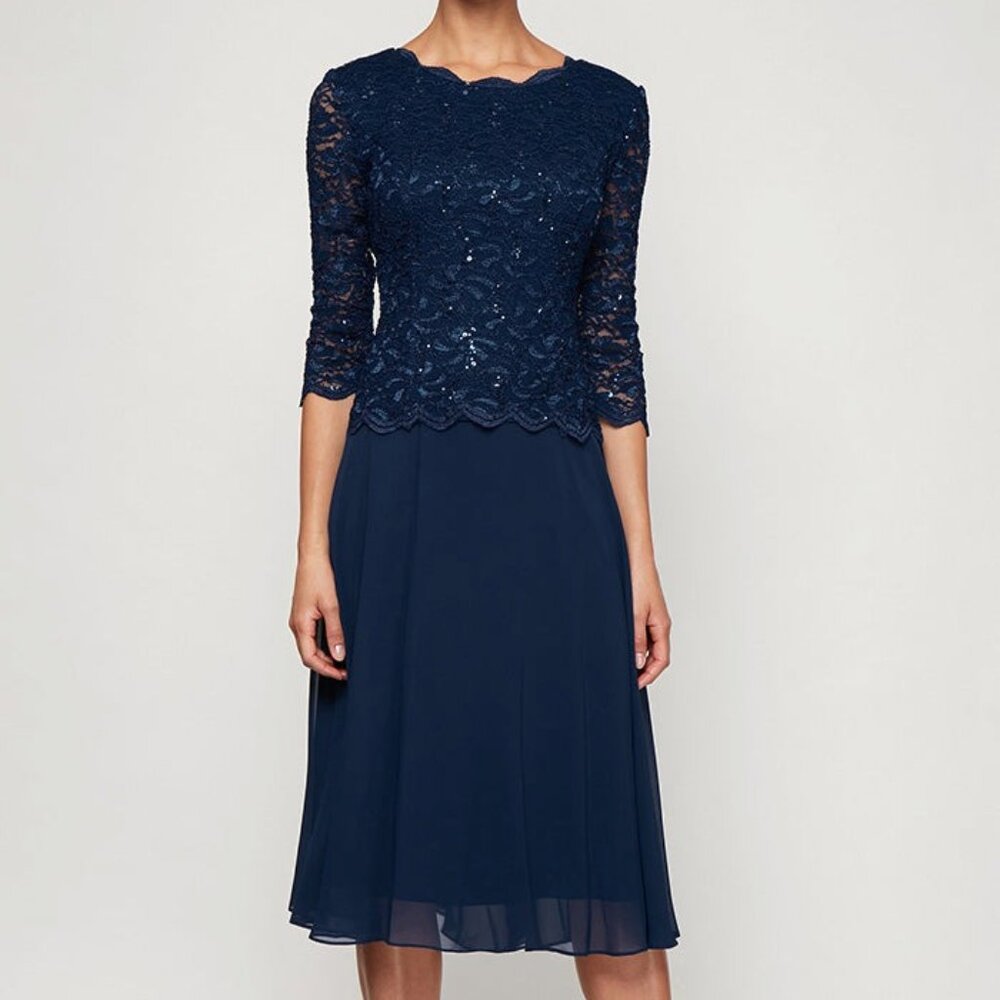 ALEX EVENINGS Dress #1121796 NAVY Scallop Lace CHIFFON - Sz 14 (LARGE) NEW!